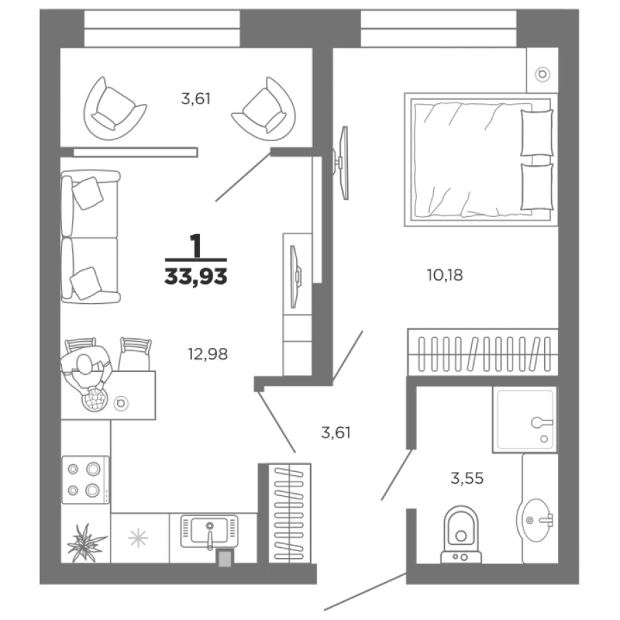 1-комнатная квартира повышенной комфортности на 3-м этаже в ЖК "Нобель" площадью 33,93 м2 в центре Рязани